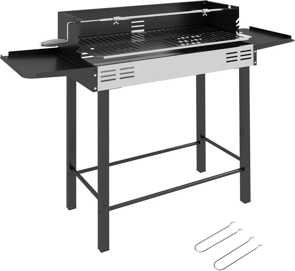Grill à Charbon de Bois Outsunny avec Grilles Réglables et Étagères Pliables, Acier Inoxydable, Pare-Vent Démontable, 118x32x90 cm, Noir