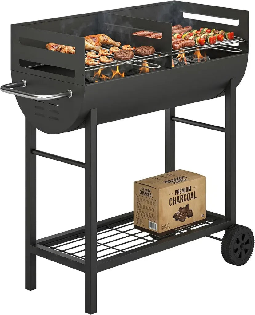 Outsunny Barbecue au Charbon avec Double Grille Ajustable, Roulettes et Poignée pour Terrasse et Pique-Nique