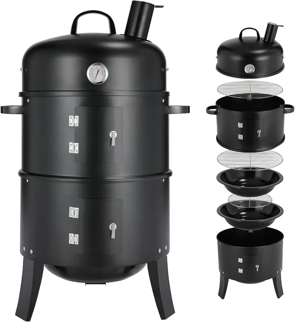 Fumoir à Charbon 3 en 1 avec Thermomètre et Double Grille Inox