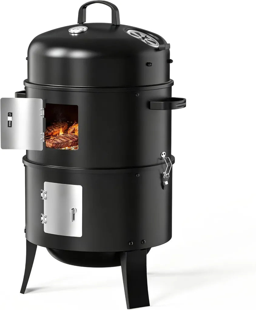 Barbecue Smoker 3-en-1 au Charbon avec Thermomètre, Fumoir Viande et Poisson, Système de Ventilation Ajustable, Grilles Inox