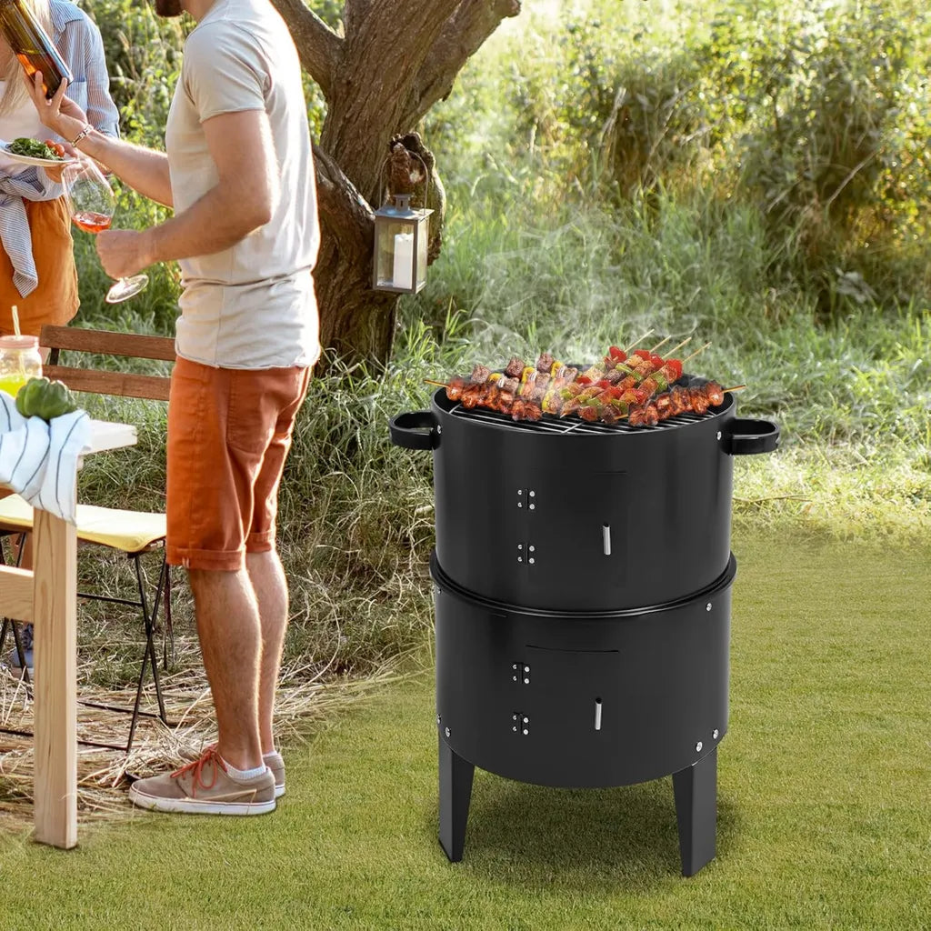 Barbecue Fumeur 3 en 1 Multifonction à Charbon avec Thermomètre - Noir