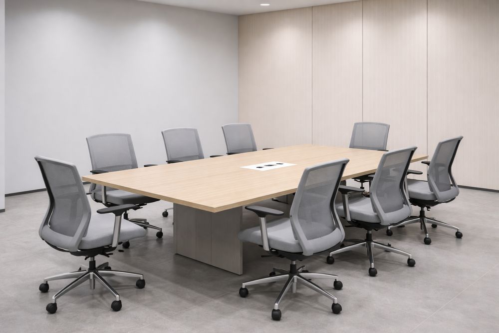 Rectangular Meeting Table and Mesh Chair Set Oak Veneer Light Wood Gray