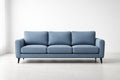 Blue Three-Seater Fabric Sofa with Cushions and Wooden Legs