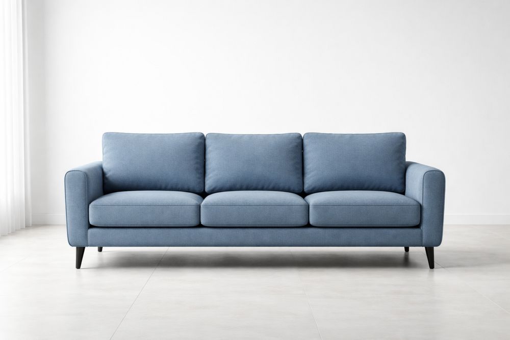 Blue Three-Seater Fabric Sofa with Cushions and Wooden Legs