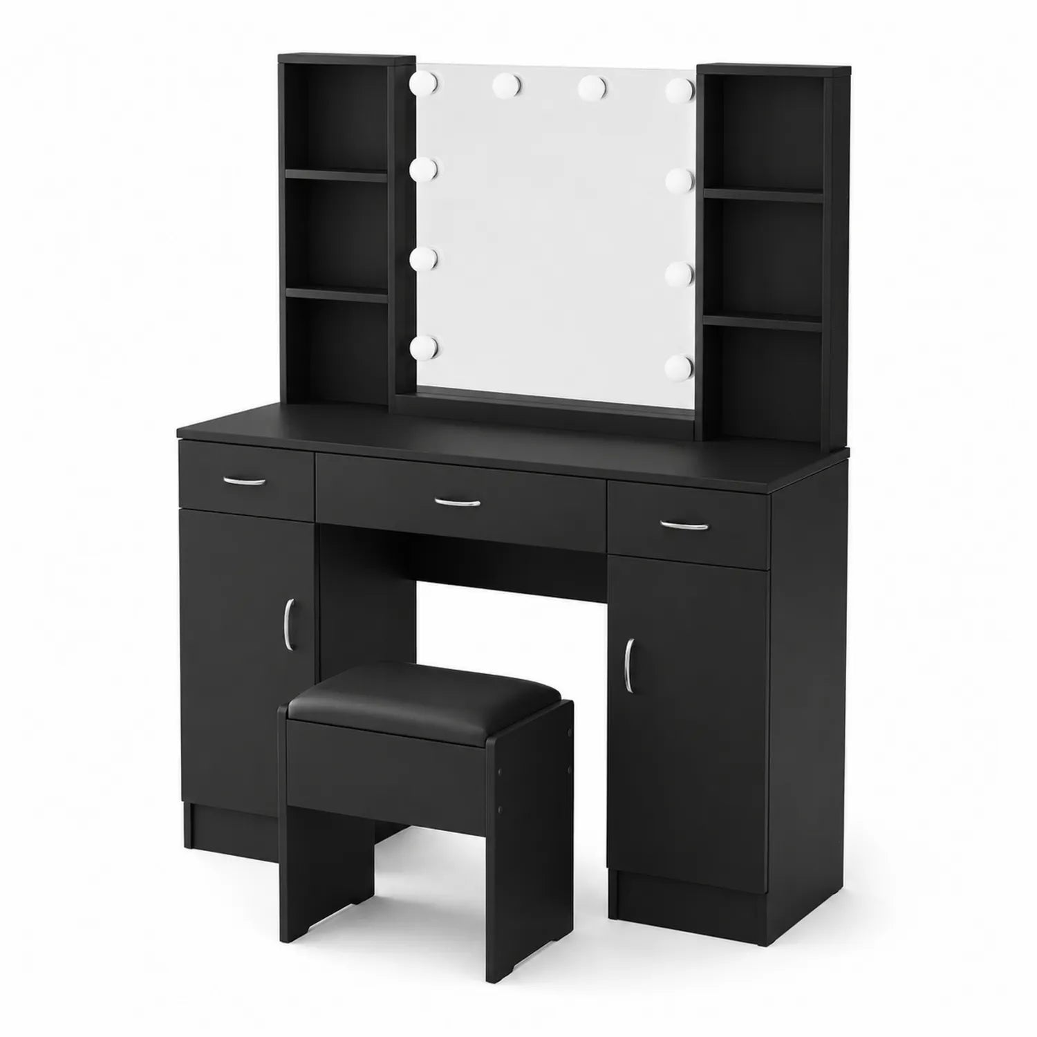 Coiffeuse en bois noir avec miroir à ampoules et tabouret