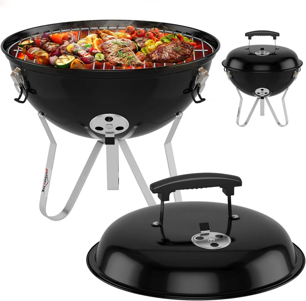 Barbecue à Charbon Portatif avec Couvercle Sphérique, Ø 34 cm, Fumoir à Air Réglable