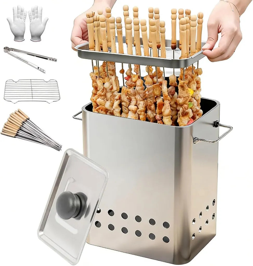 Fumoir Vertical Portable en Acier Inoxydable, Barbecue au Charbon avec 26 Brochettes, Chauffage 360° pour Camping et Jardin
