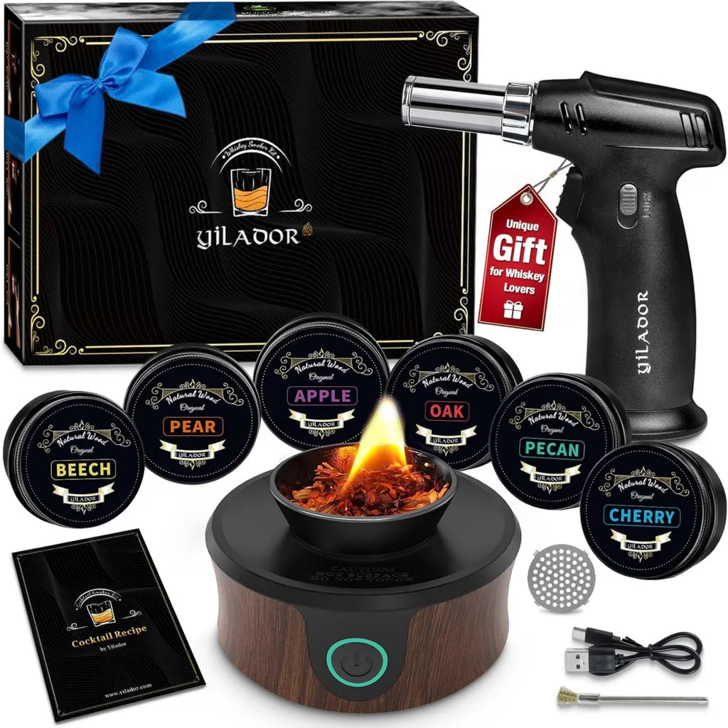 Ensemble Fumoir Électrique à Whisky avec Lampe Torche, Cadeau pour Amateur de Whisky, 6 Types de Copeaux de Bois pour Cocktails et Bourbon