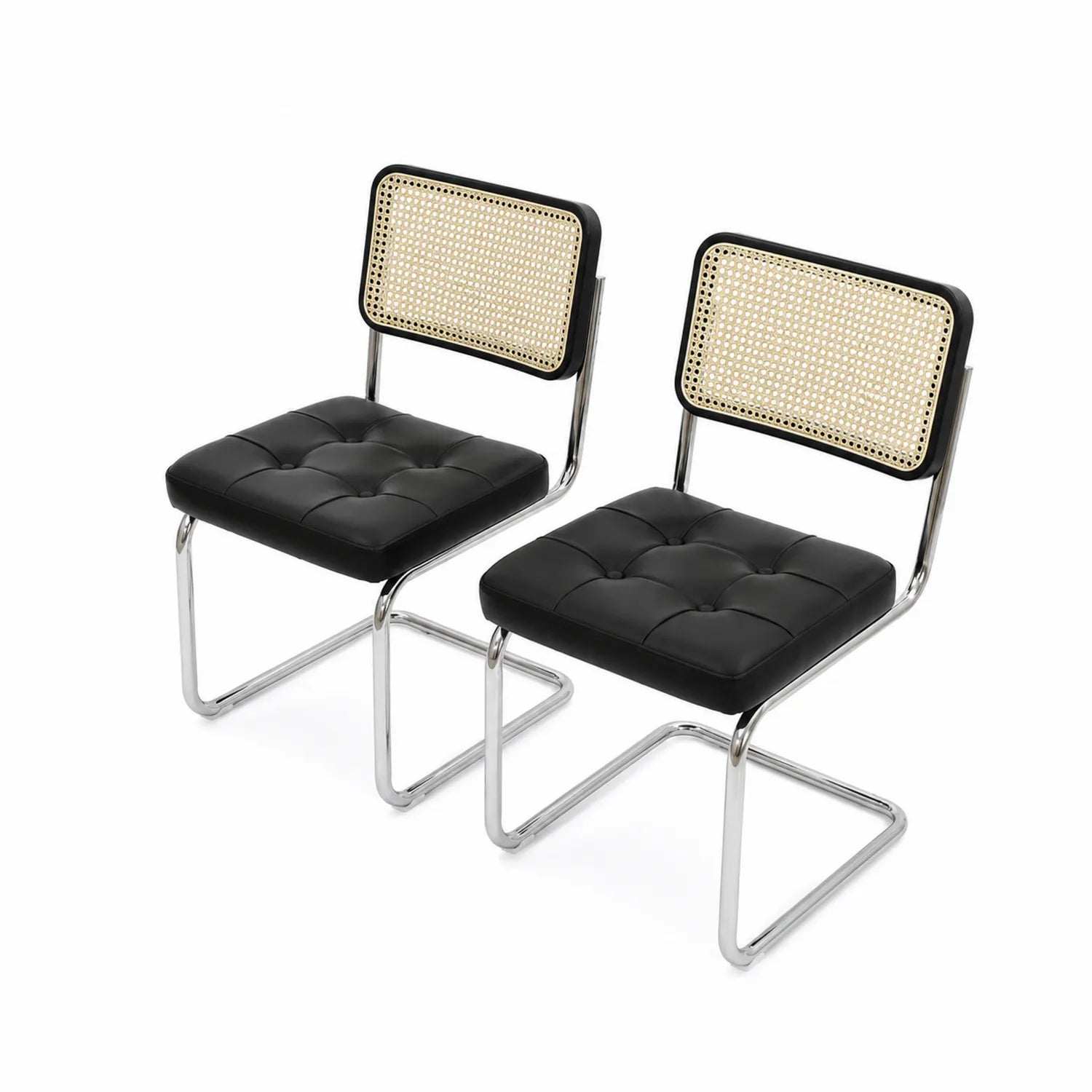Lot de 2 chaises en acier chromé et rotin avec assise en cuir synthétique noir