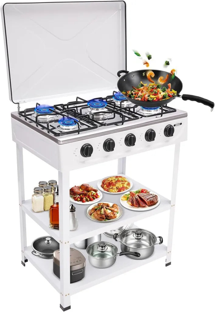 Cuisinière à gaz 5 brûleurs avec support stable - Barbecue portable avec couvercle - Réchaud autoportant - 61,5 x 42,5 x 82 cm - Blanc