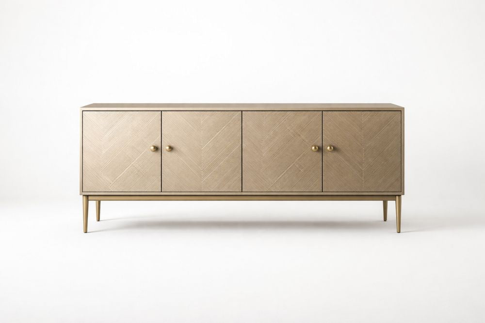 Wood Sideboard with Brass Base 4-Door Cabinet