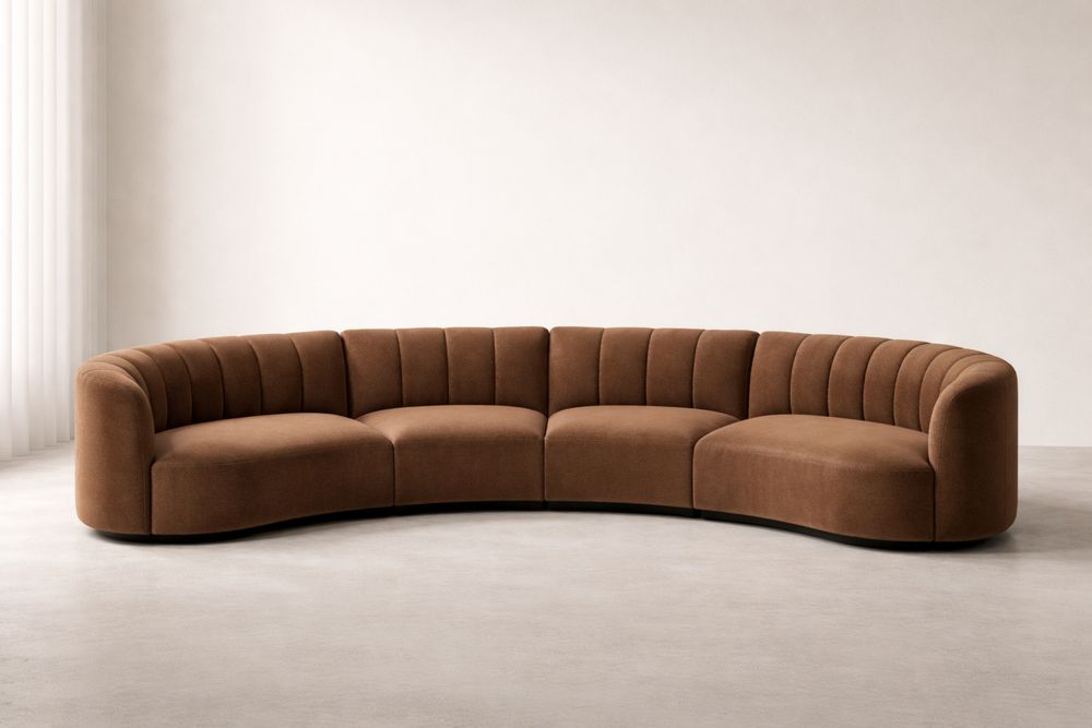 Curved Brown Fabric Sectional Sofa Upholstered with Foam