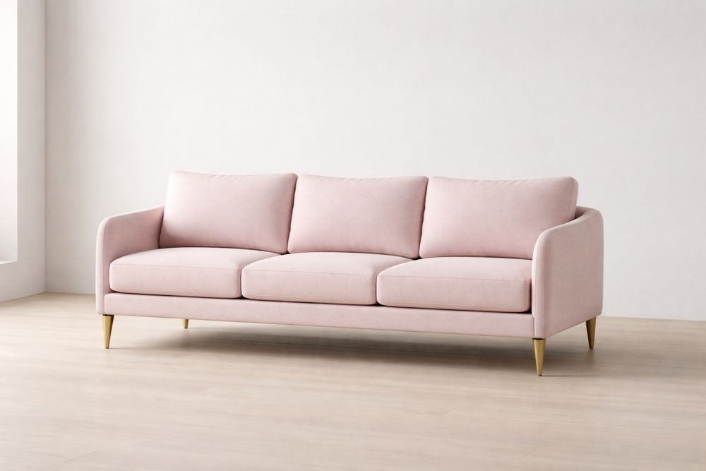 Pink Upholstered Three-Seater Sofa with Gold Metal Legs
