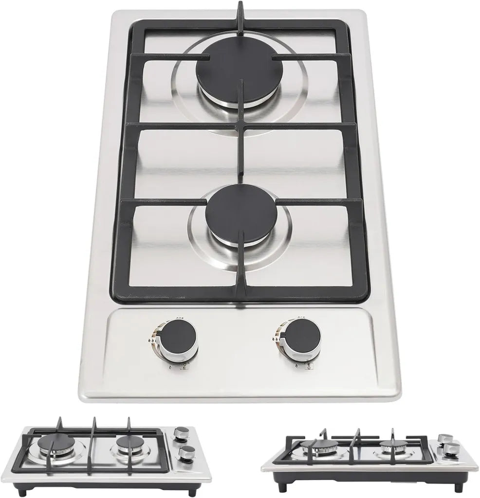 Réchaud à gaz inox 2 foyers portatif pour camping, 3 kW et 1,75 kW, encastrable, 51 x 31 x 10 cm, gaz naturel