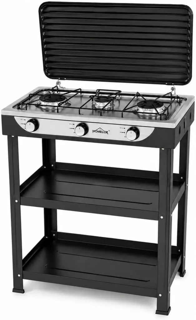 Réchaud de Camping à Gaz 3 Brûleurs, 5,4 kW avec Étagères et Kit de Raccordement