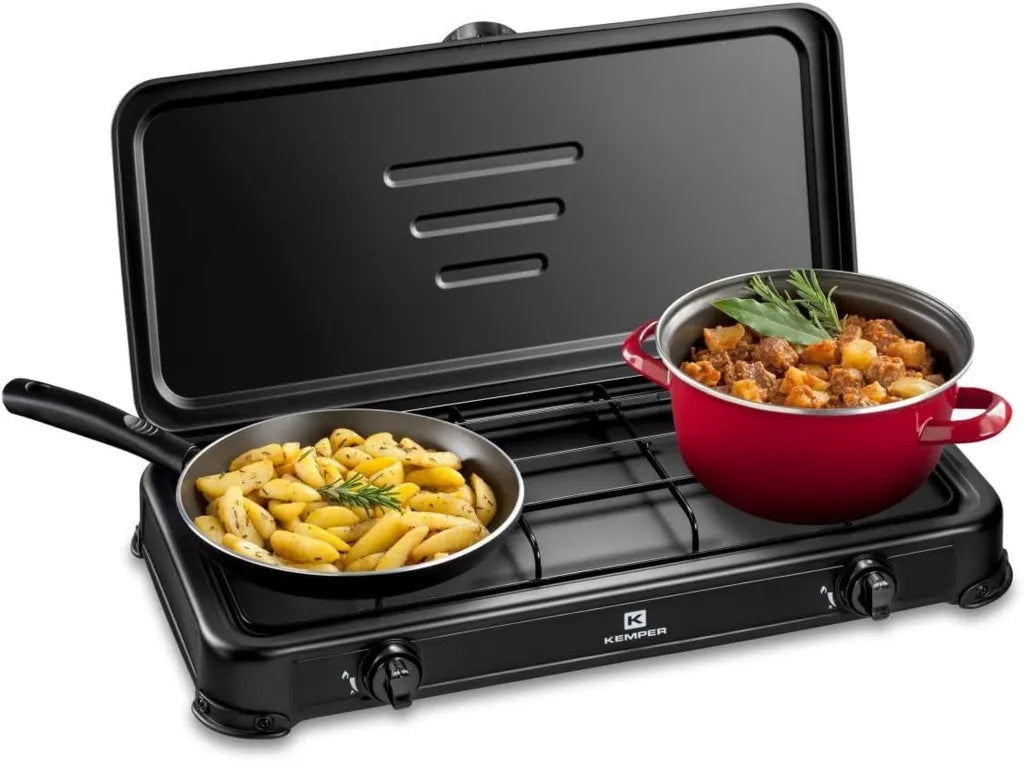 Réchaud à gaz portable 2 feux 2600W avec couvercle - Noir